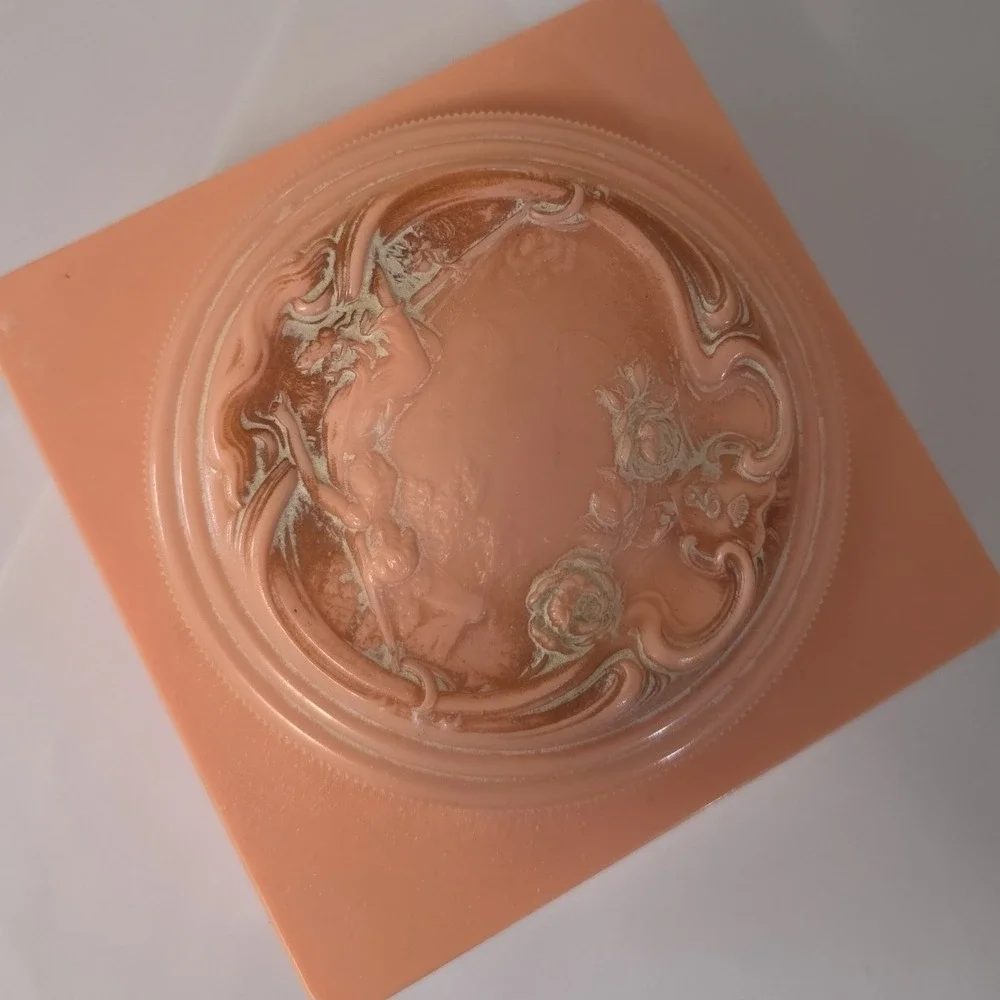 Vintage Evyan Peach Powder Box Floral Relief Crown Logo Mid Century Vanity Jar